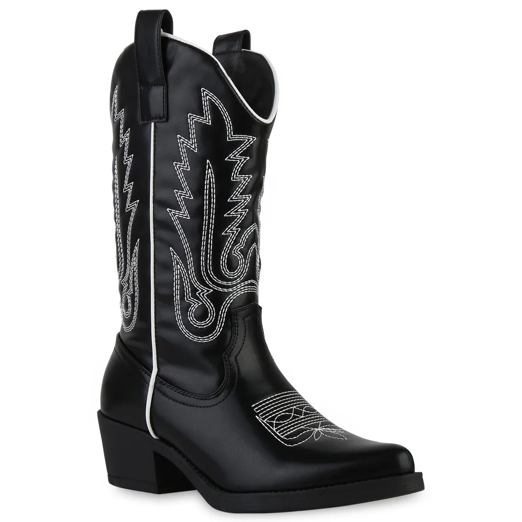 VAN HILL Damen Stiefel Cowboystiefel Stickereien Boots Spitze Schuhe 839883, Farbe: Schwarz Weiß, Größe: 41